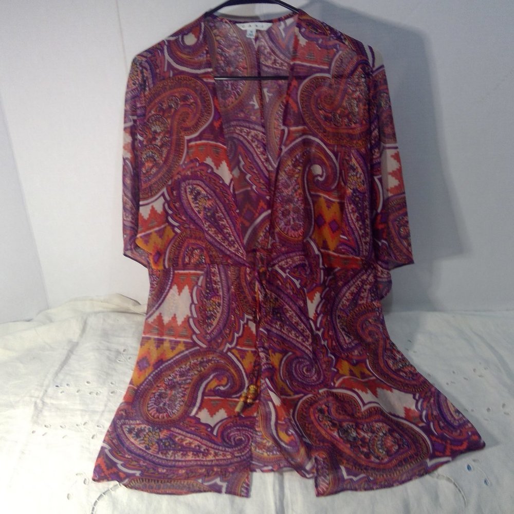 Vintage CAbi Orange Purple Kimono Boho Sheer Blouse Women's Size Medium